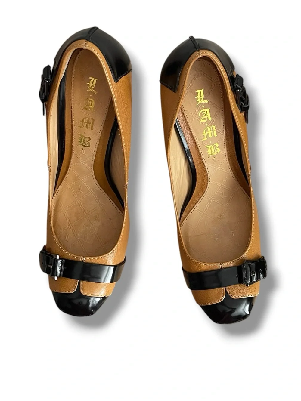 L.A.M.B. Tan and Black Patent Cap-Toe Stiletto Pumps